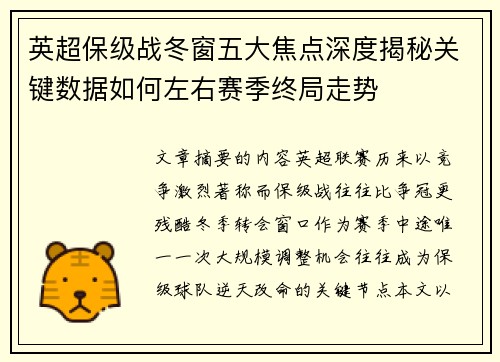 英超保级战冬窗五大焦点深度揭秘关键数据如何左右赛季终局走势 英超保级战冬窗五大焦点深度揭秘关键数据如何左右赛季终局走势