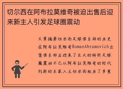 切尔西在阿布拉莫维奇被迫出售后迎来新主人引发足球圈震动
